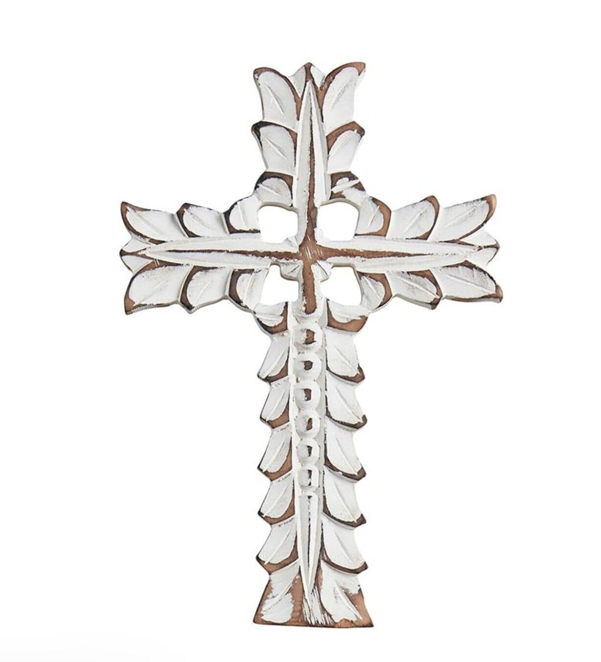 Ornate carved wood whitewash cross, Christian religious collectible from Bob and Penny Lord Journeys of Faith, detailed craftsmanship.