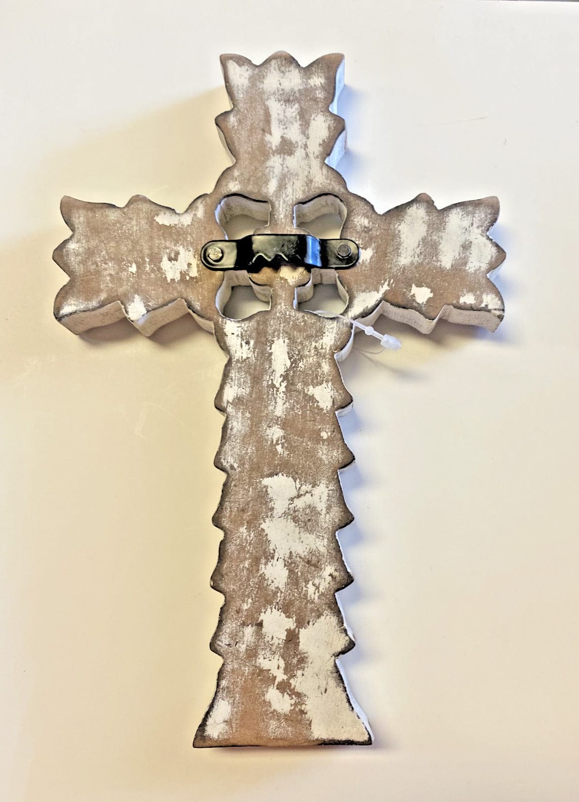 Whitewash carved wood cross with ornate details, Christian collectible from Bob and Penny Lord Journeys of Faith.