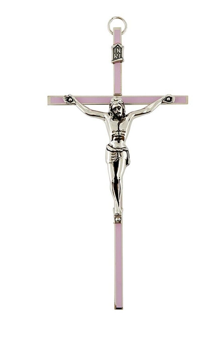 Small 6-inch silver and pink crucifix by Bob and Penny Lord, featuring Christian cross design and detailed craftsmanship.