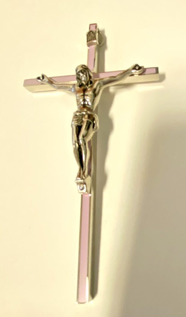 Small silver and pink 6-inch crucifix by Bob and Penny Lord, featuring detailed religious Christian design.