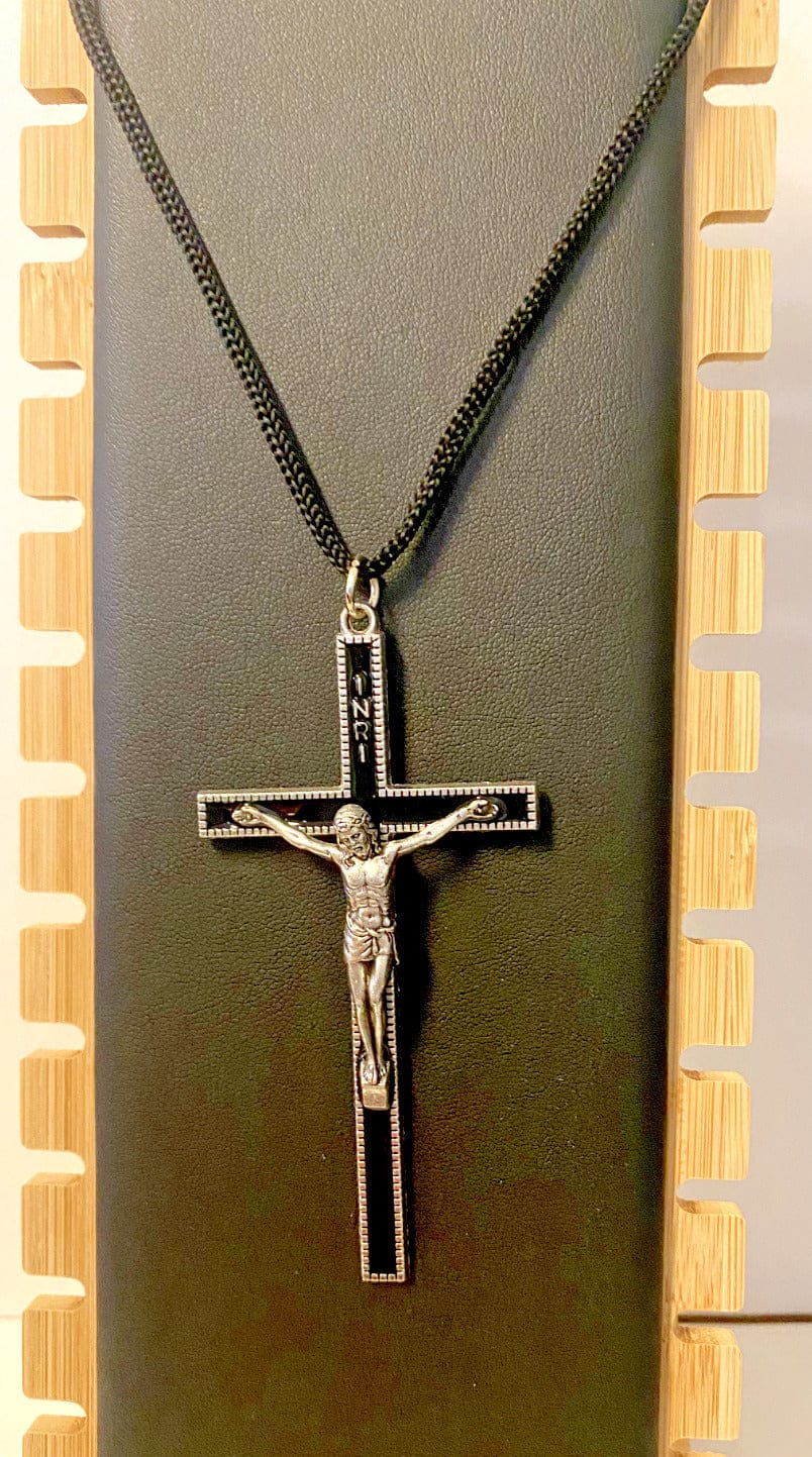 Black Enamel Corded 3.50" Crucifix, New - Bob and Penny Lord Journeys of Faith