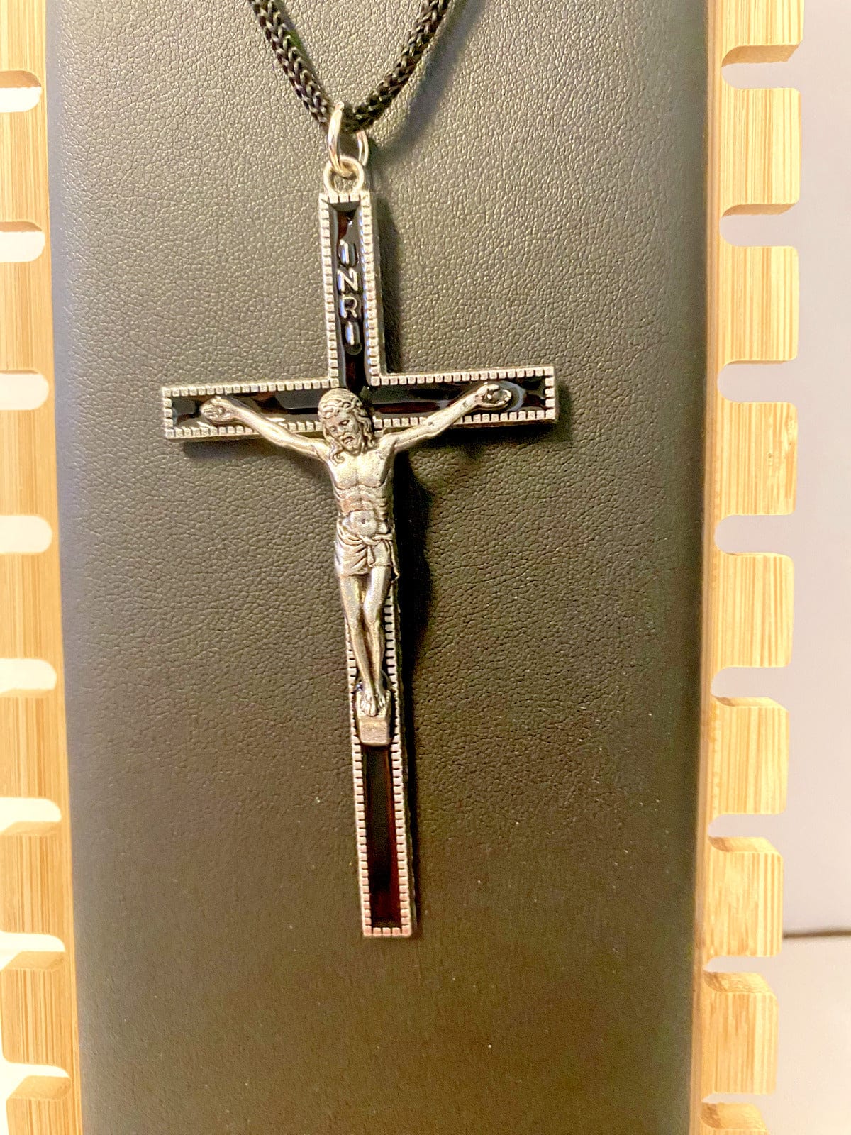 Black Enamel Corded 3.50" Crucifix, New - Bob and Penny Lord Journeys of Faith