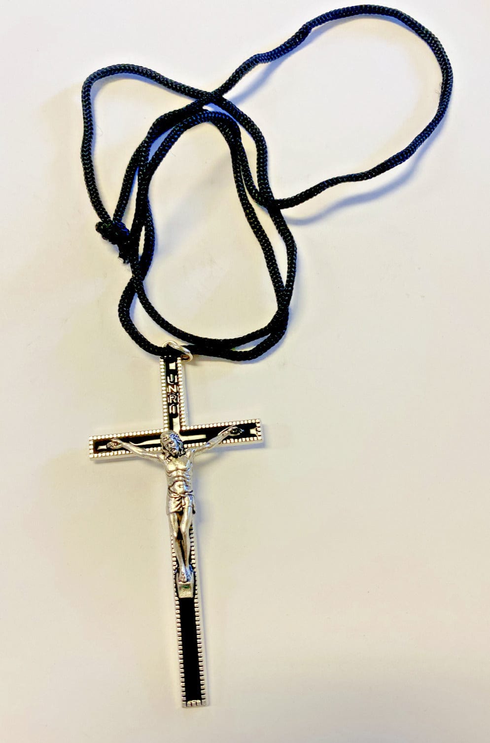 Black Enamel Corded 3.50" Crucifix, New - Bob and Penny Lord Journeys of Faith