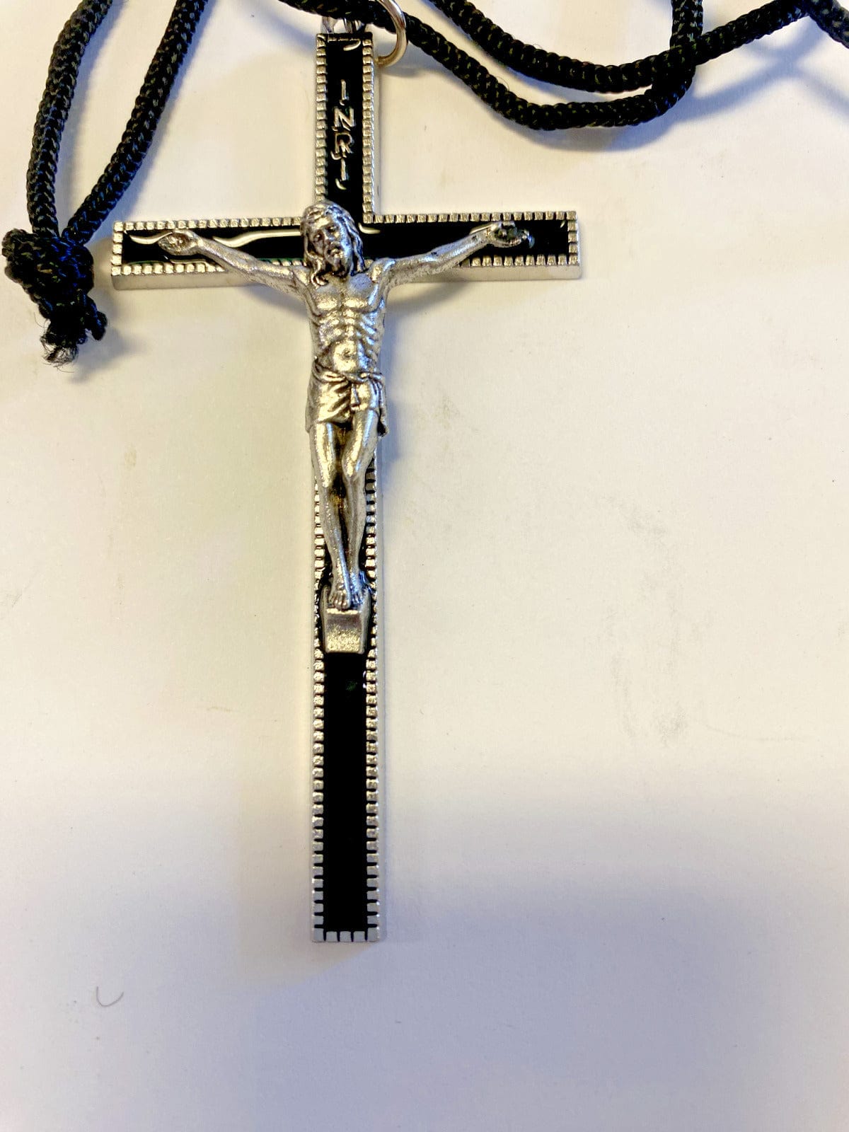 Black Enamel Corded 3.50" Crucifix, New - Bob and Penny Lord Journeys of Faith