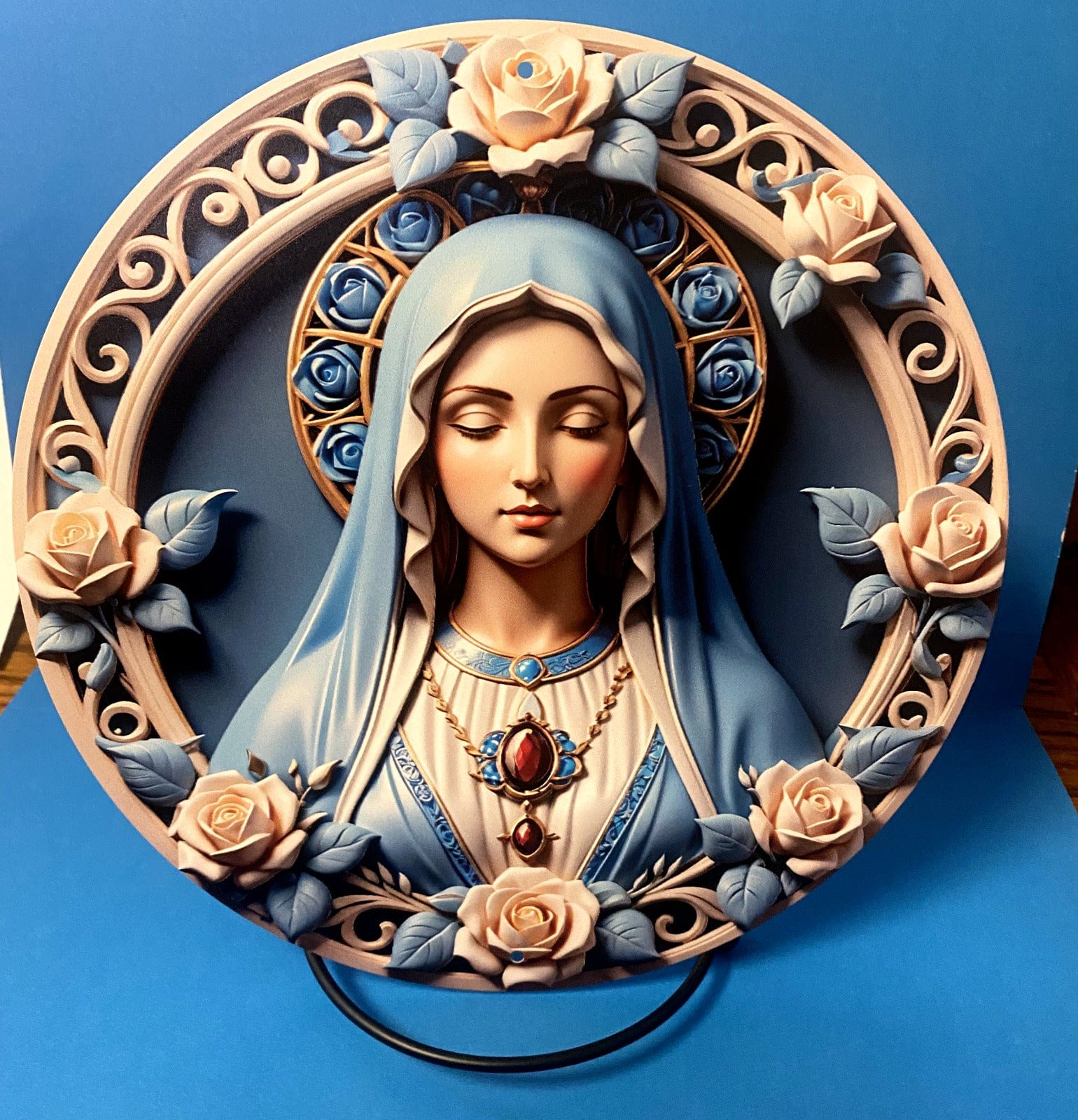 Aluminum Blessed Virgen Mary 8-inch round image, nativity collectible for holiday and seasonal decorations.