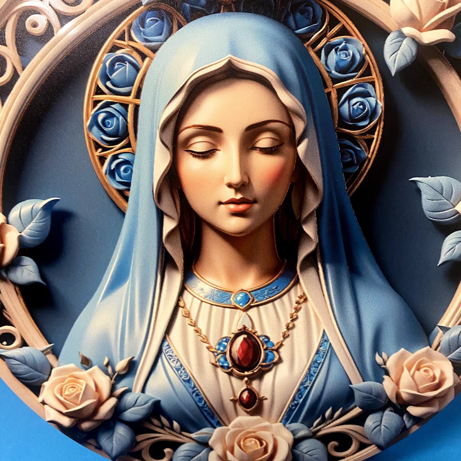 Aluminum 8-inch round image of Blessed Virgen Mary, a nativity collectible for holiday or seasonal display.