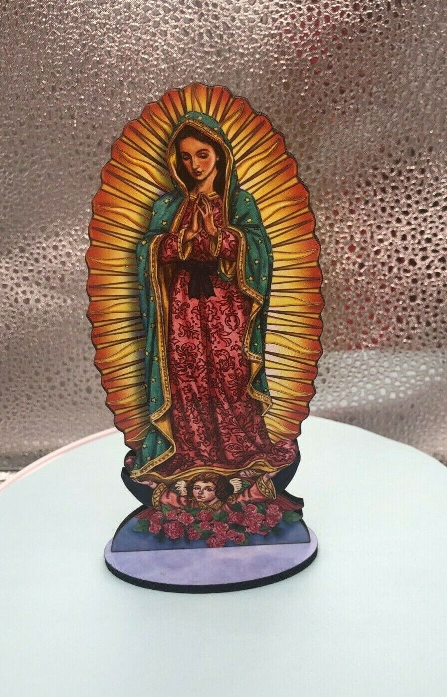 6-inch Lady of Guadalupe laser-etched wood statue, Christian religious collectible by Bob and Penny Lord Journeys of Faith.