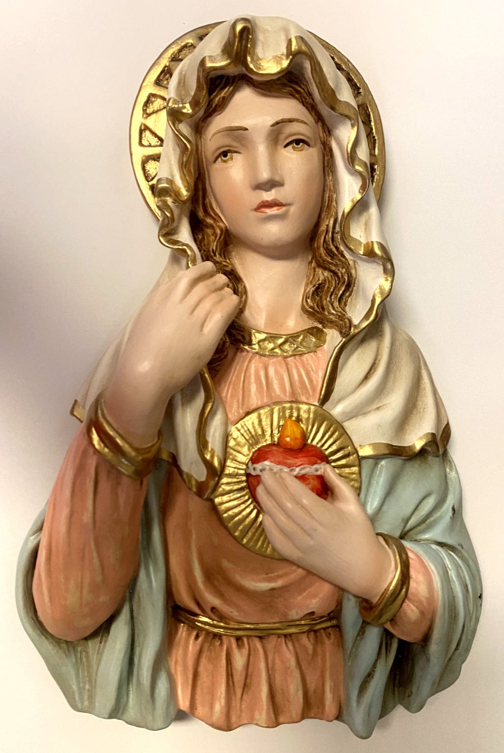 Hand-painted 13-inch Immaculate Heart of Mary wall plaque by Bob and Penny Lord, featuring detailed religious artwork from Colombia.