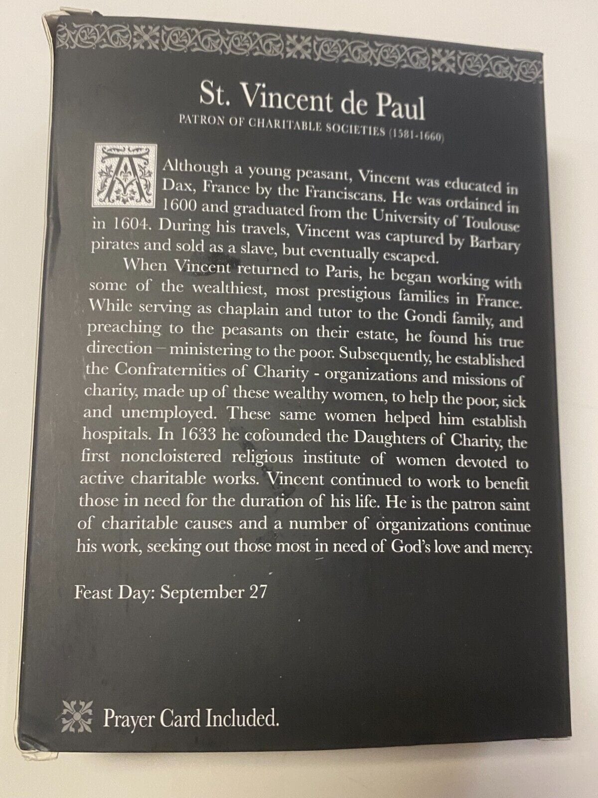 Saint Vincent de Paul Small 3.5"  Statue, + Bio & Prayer Card, New #RM-001 - Bob and Penny Lord Journeys of Faith