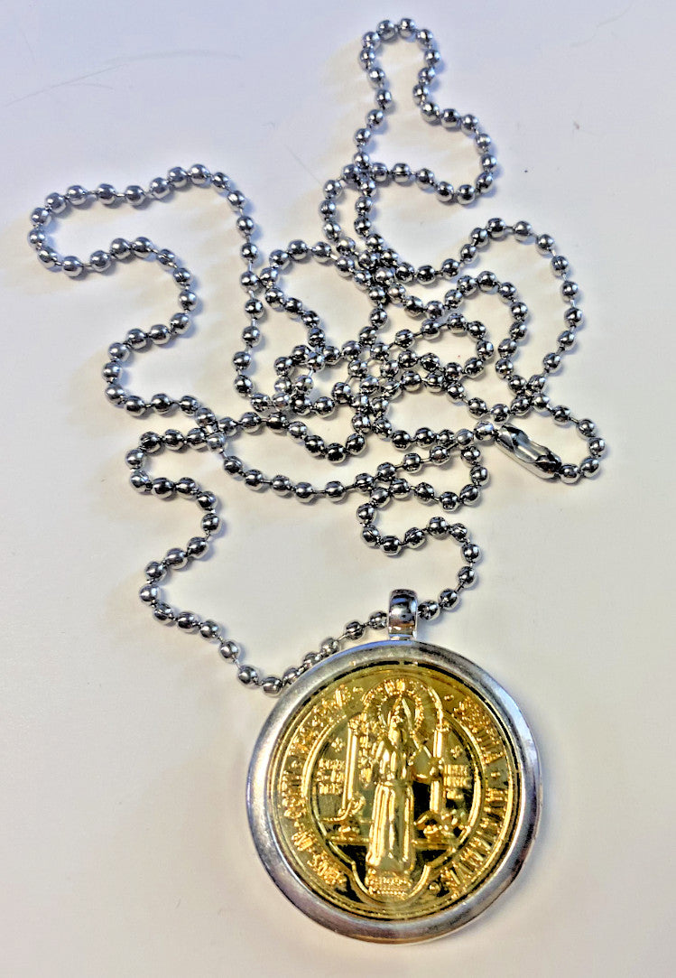 Saint Benedict 2-tone medal locket necklace with Christian cross, 28-inch length, by Bob and Penny Lord, featuring religious symbolism.