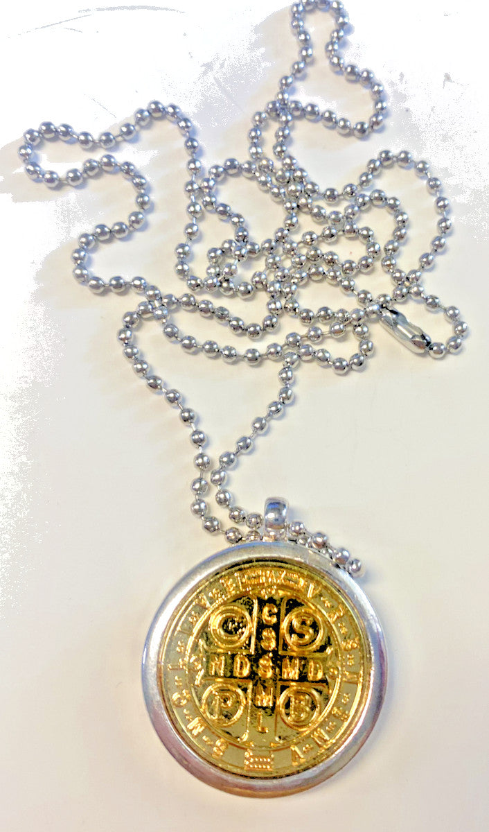 Saint Benedict two-tone medal locket necklace, 28-inch chain, Christian jewelry featuring a religious crucifix and cross design.