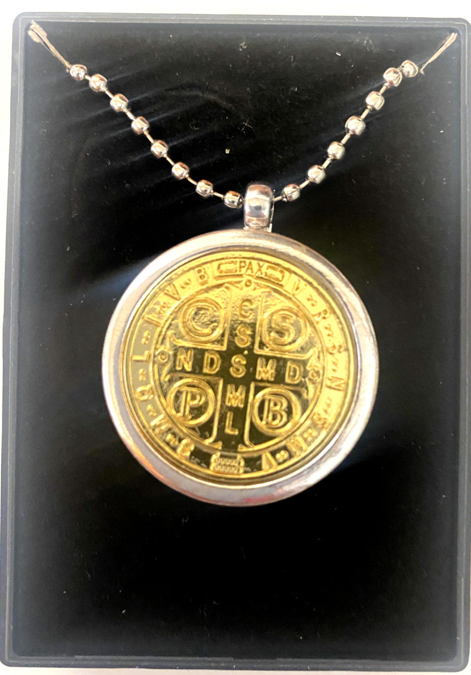 Saint Benedict two-tone medal locket necklace with crucifix, 28-inch chain, Christian religious jewelry by Bob and Penny Lord.