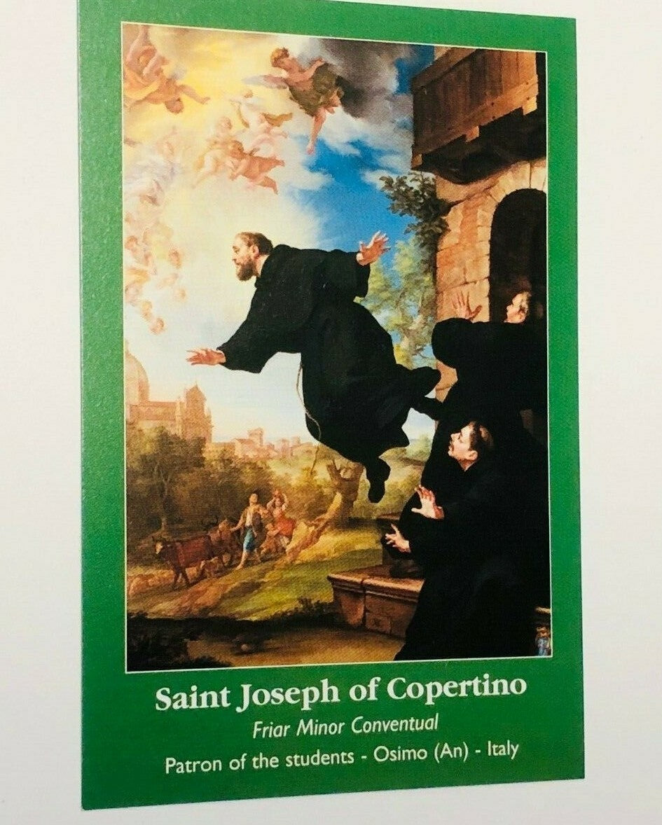 Saint Joseph of Cupertino prayer card from Italy, featuring religious imagery and Christian spirituality, by Bob and Penny Lord.