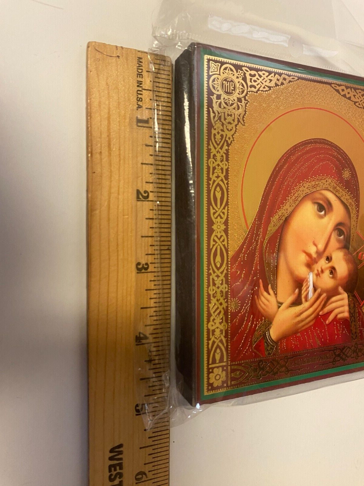 Virgin Mary and Child icon from Jerusalem, 4.75-inch religious collectible, depicting Mary holding baby Jesus, from Journeys of Faith.