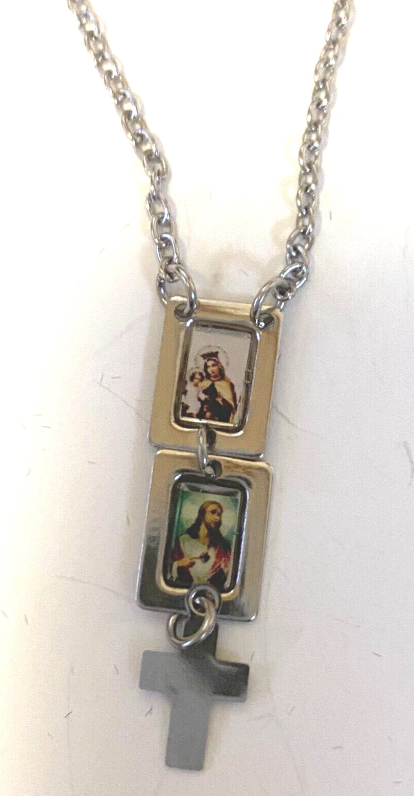 Tiny silver Sacred Heart and O L of Mount Carmel scapular charms, Christian religious collectibles by Bob and Penny Lord.