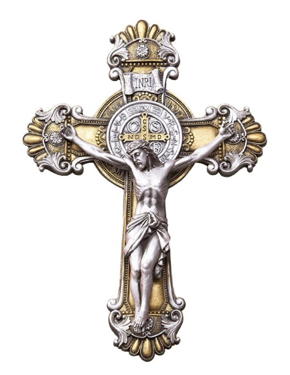 Antique gold and silver Saint Benedict crucifix, 10.25-inch ornate Christian cross, crafted by Bob and Penny Lord.