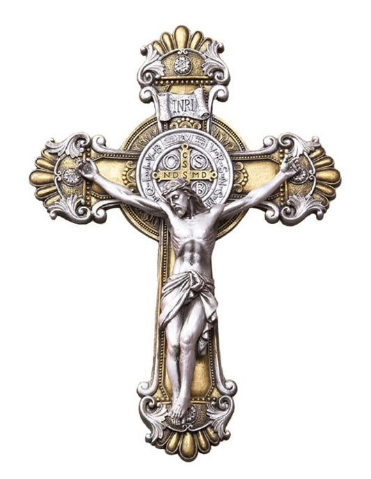 Antique gold and silver Saint Benedict crucifix, 10.25-inch ornate Christian cross, crafted by Bob and Penny Lord.