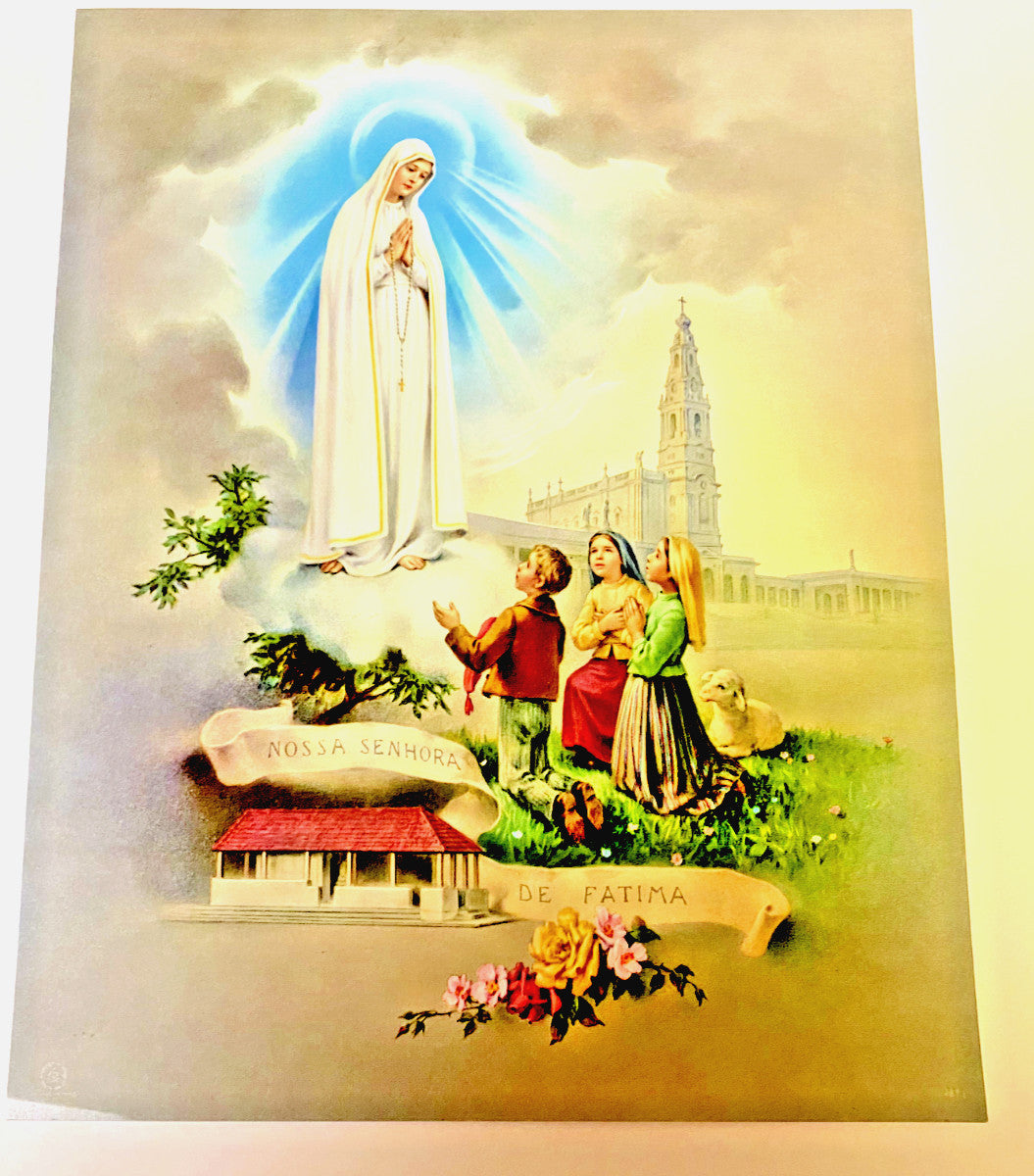 8x10 art print of Our Lady of Fatima with children by Journeys of Faith, depicting a religious scene with detailed imagery.