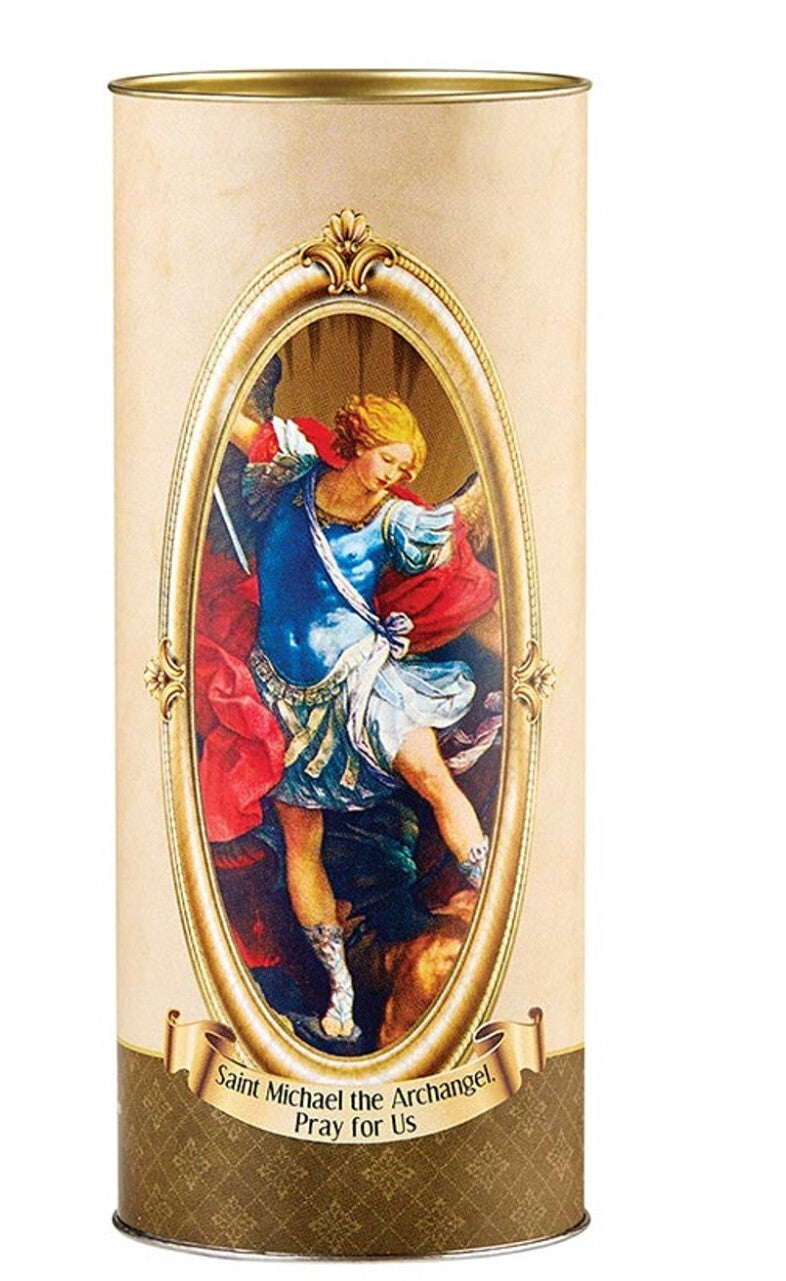 Saint Michael the Archangel votive candle, 5.75-inch religious collectible by Bob and Penny Lord, featuring detailed design and imagery.