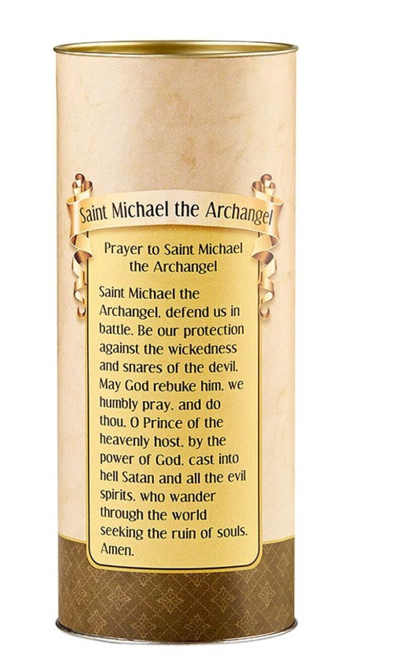 Saint Michael the Archangel 5.75-inch votive candle with religious imagery, from Bob and Penny Lord's Christian Holy Cards collection.