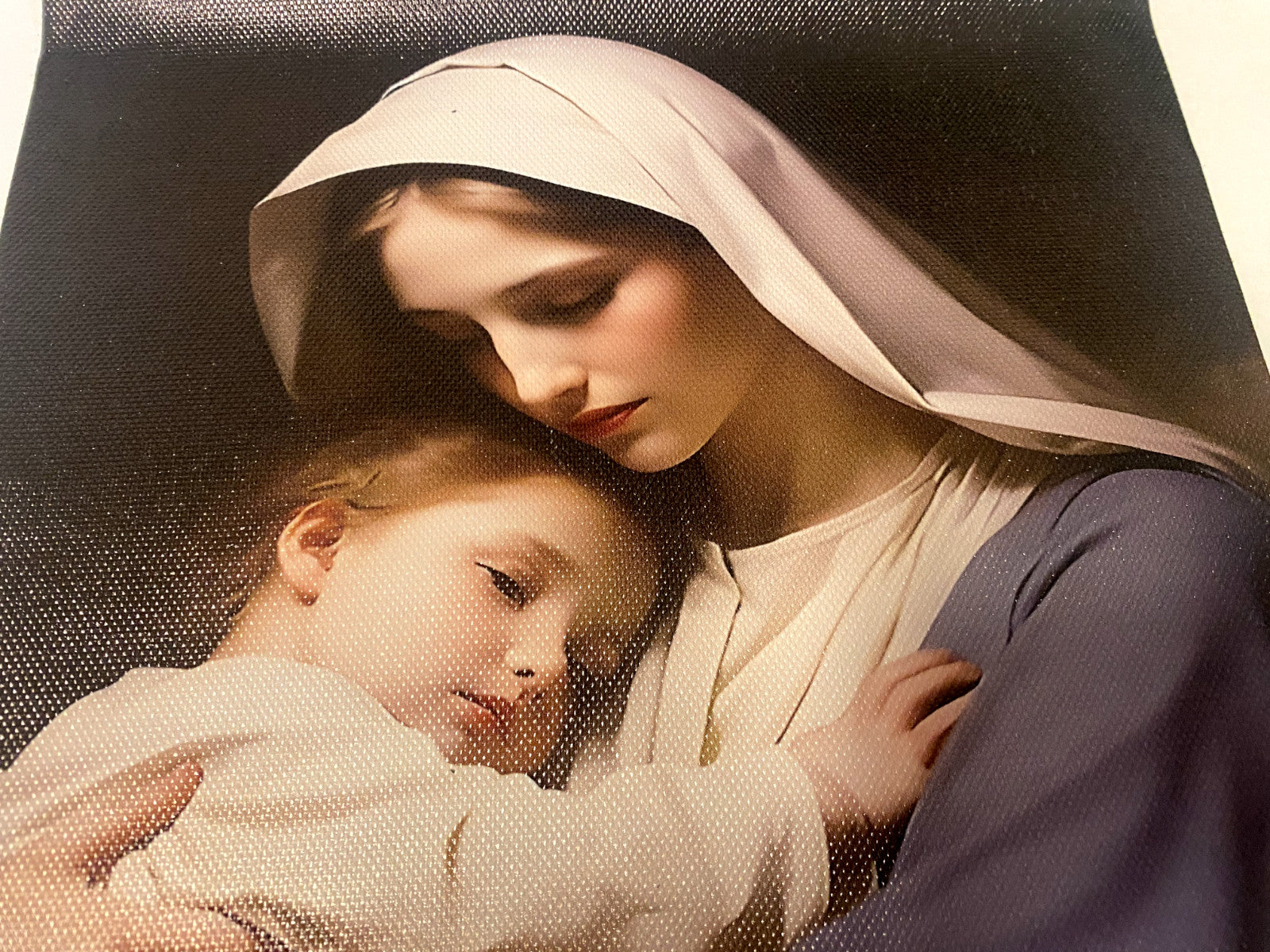 Unframed 10" x 8" canvas art of Blessed Mother with Child by Bob and Penny Lord, featuring religious painting style