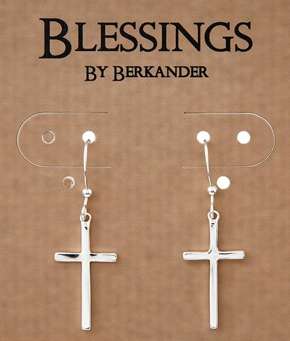 Berkander Cross 1-inch dangle earrings in fashion jewelry with metal cross design, hanging from hooks.