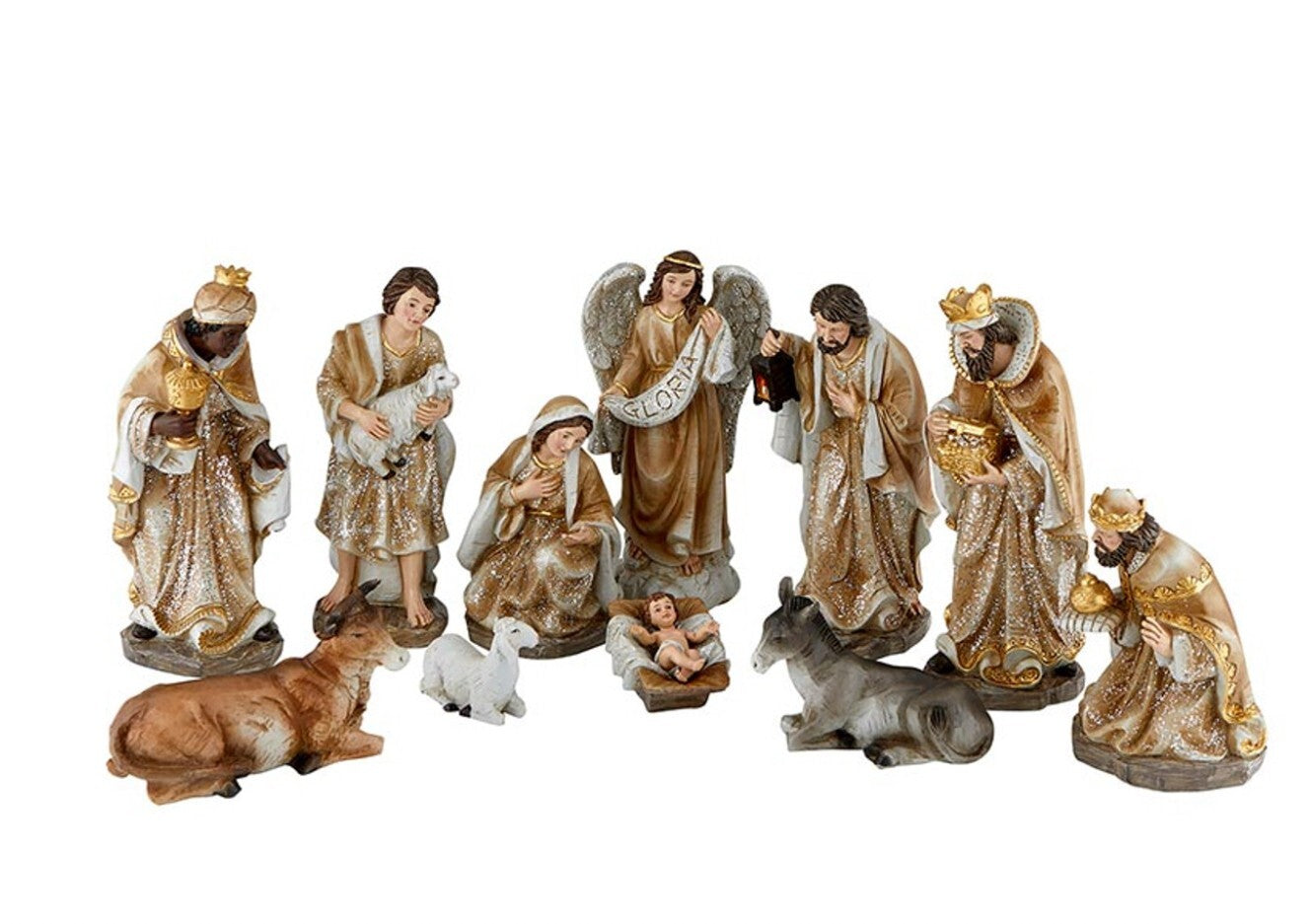 11-piece nativity set with figures of Mary, Joseph, baby Jesus, and animals, ideal for holiday and seasonal Nativity display.