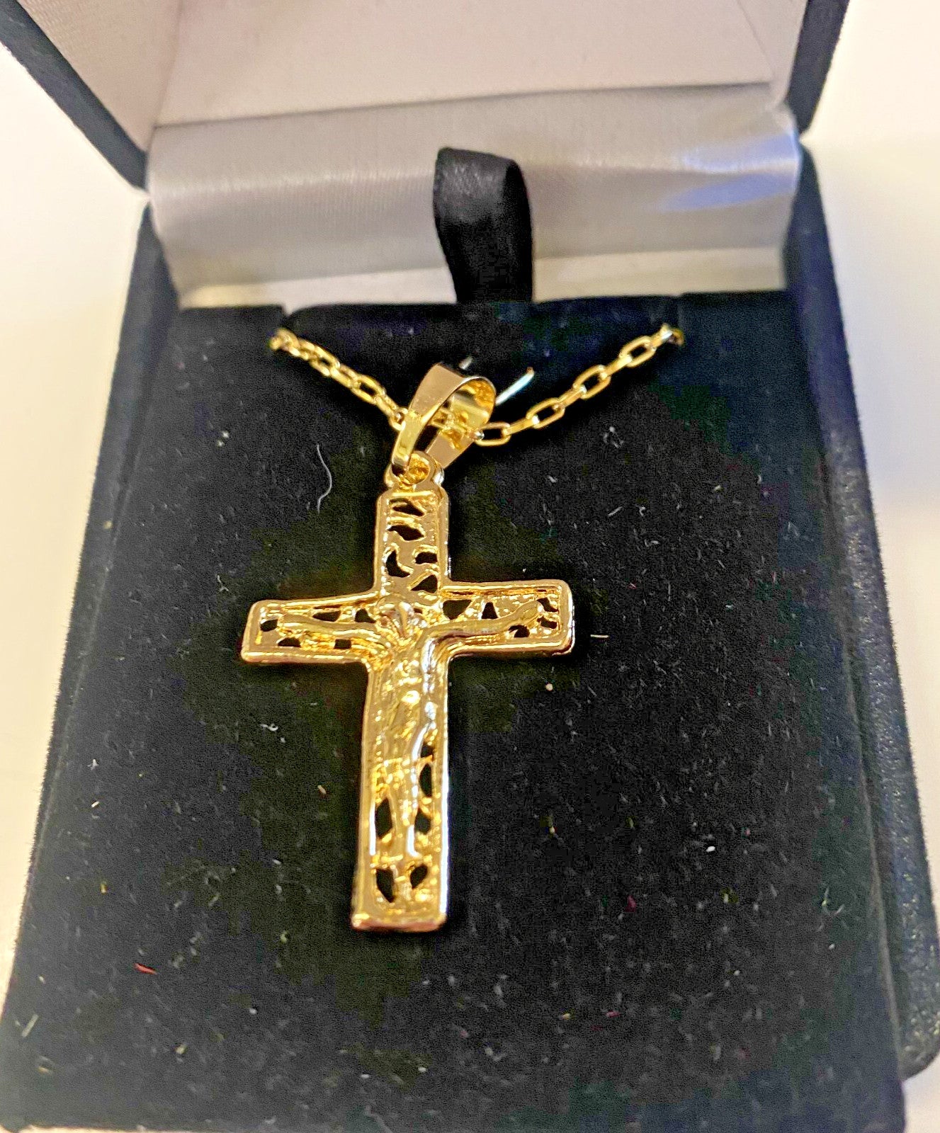 Brazilian gold plated filigree crucifix necklace, 20-inch fashion jewelry pendant with intricate design and cross motif.