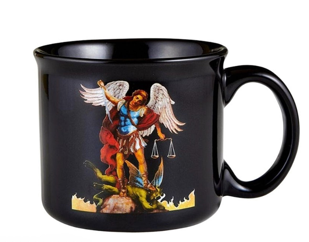 Saint Michael the Archangel 13 oz. ceramic mug featuring religious artwork, crafted by Bob and Penny Lord, ideal for Christian collectibles.