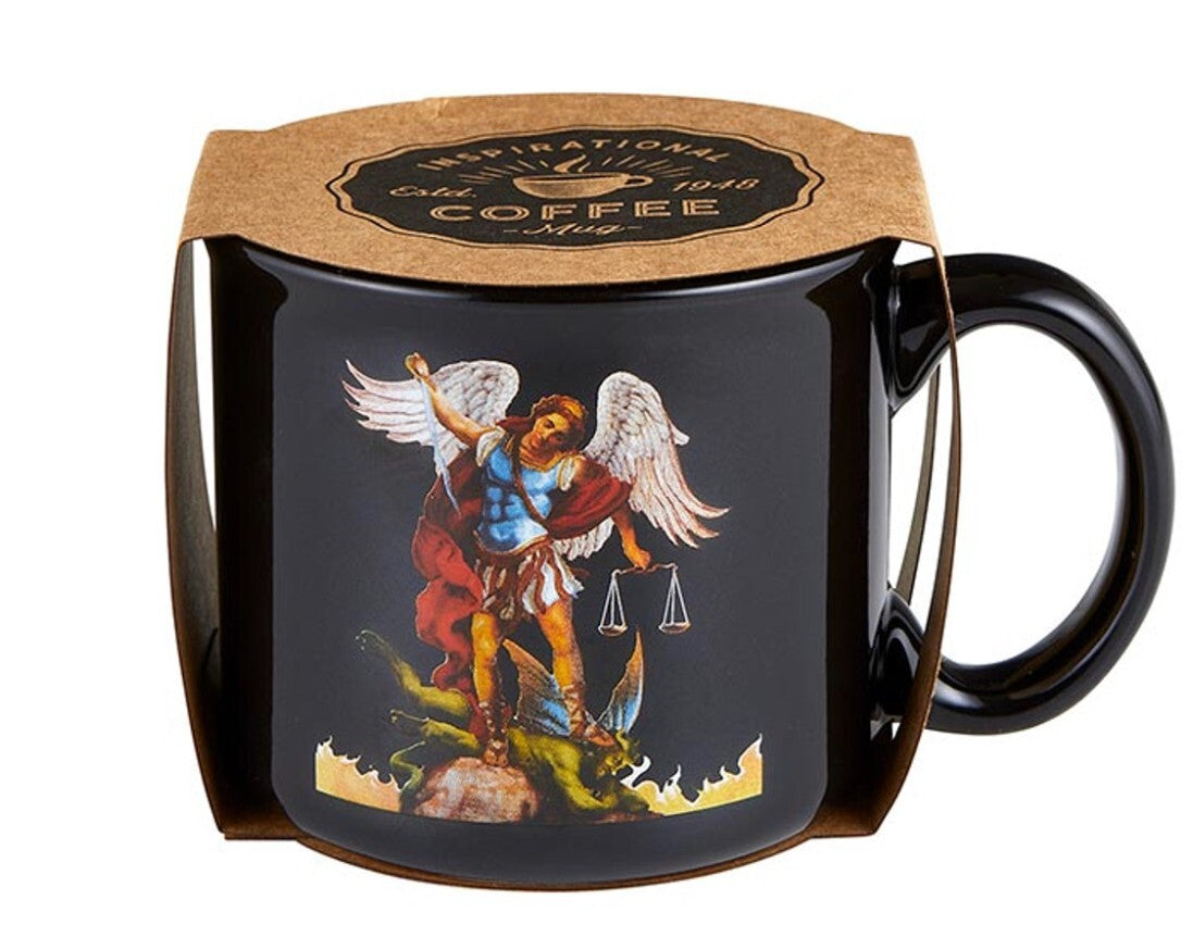 13 oz. ceramic mug featuring Saint Michael the Archangel, designed by Bob and Penny Lord, with religious imagery and detailed artwork.
