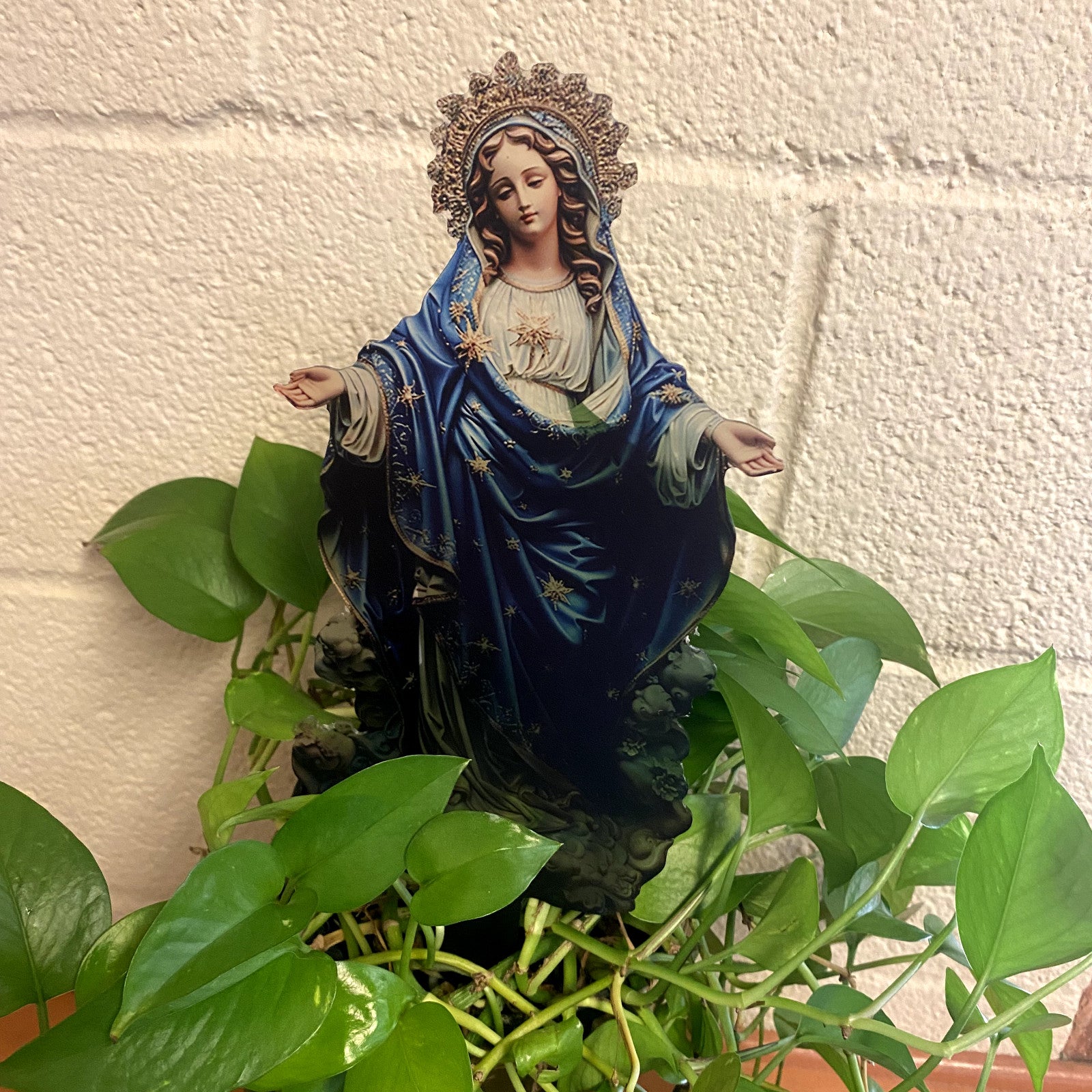 Virgin Mary garden stake collectible by Bob and Penny Lord, featuring a detailed religious figure for outdoor spiritual decor.