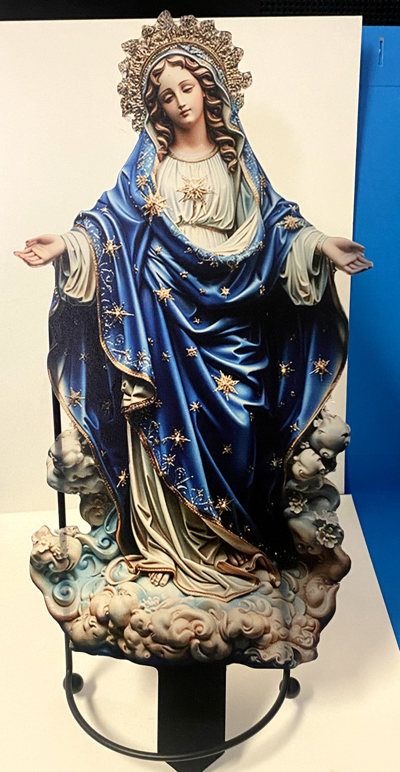 Virgin Mary garden stake by Bob and Penny Lord, decorative Christian religious figurine for outdoor garden display.
