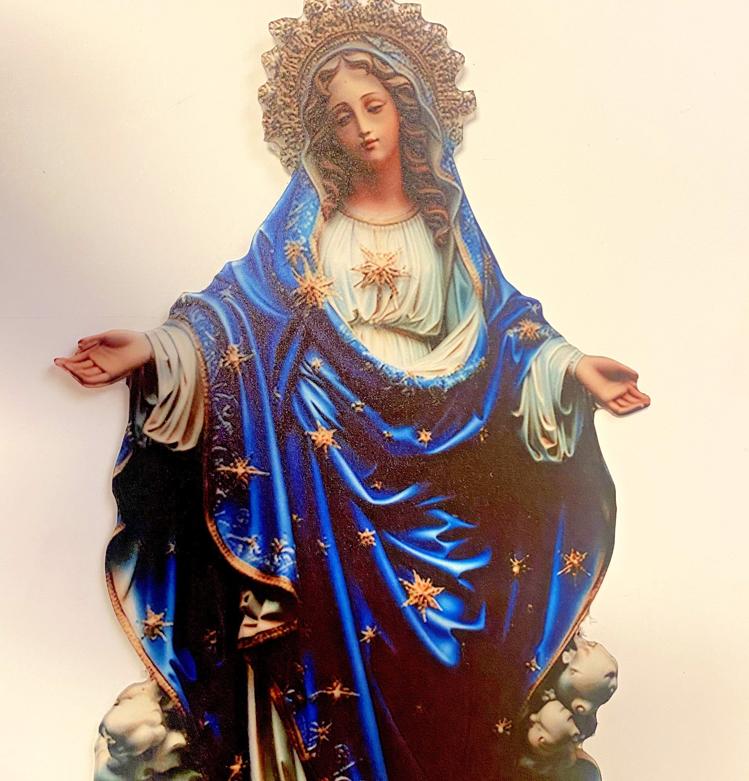 Virgen Mary garden stake collectible by Bob and Penny Lord, featuring a religious Christian design for outdoor decoration.