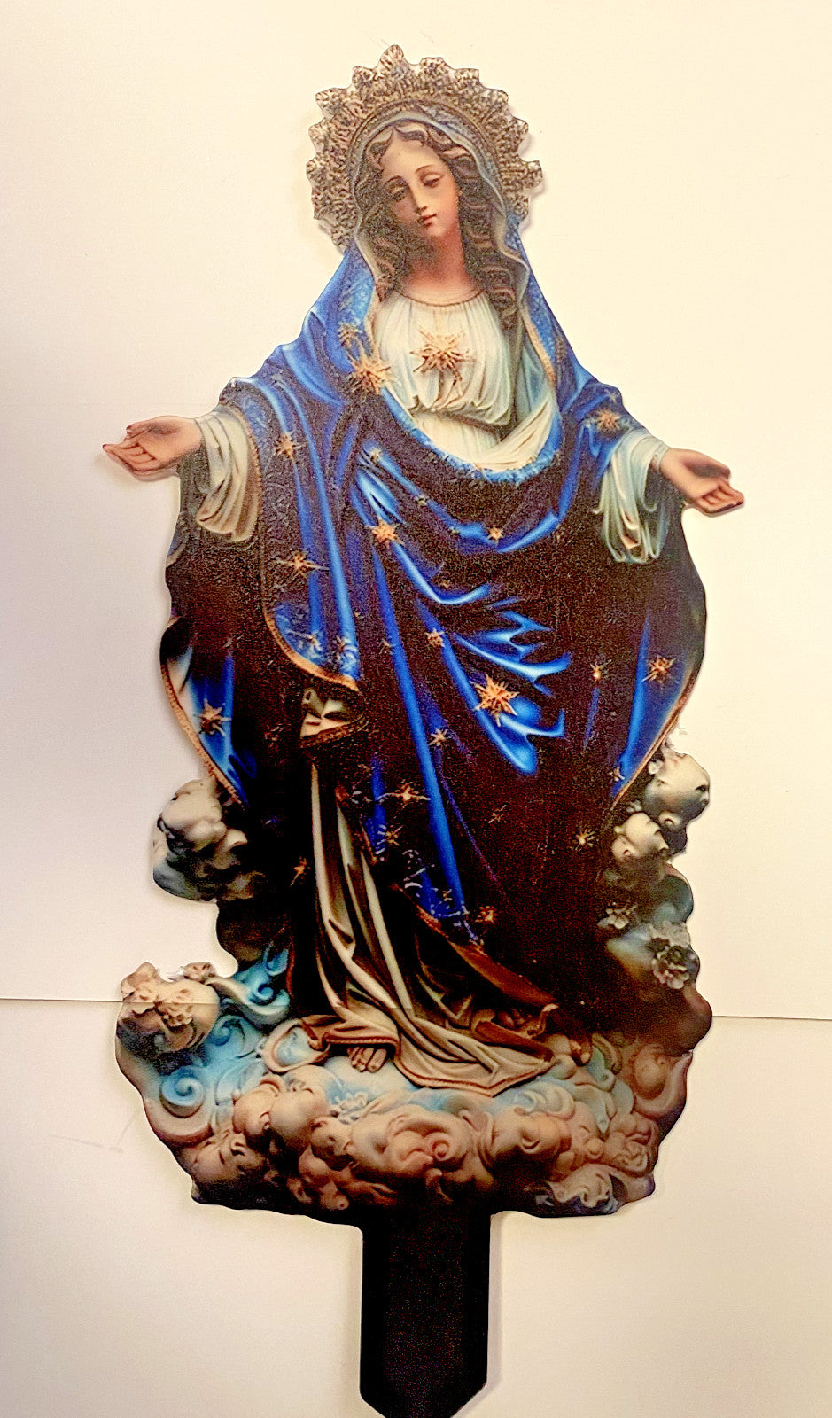 Virgin Mary garden stake by Bob and Penny Lord, decorative religious metal sculpture for garden display.