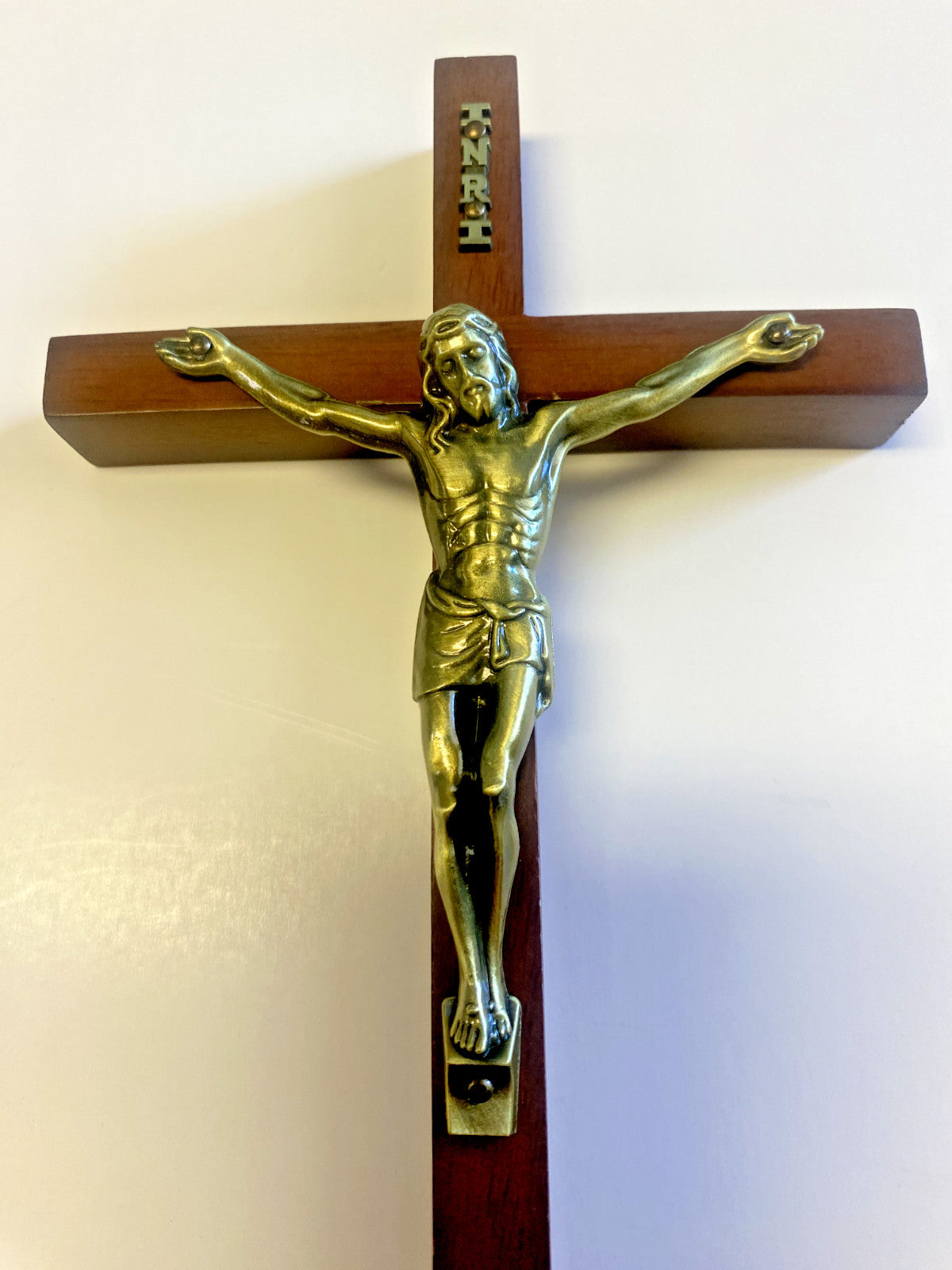 10-inch maple wood crucifix from Bob and Penny Lord, featuring detailed Christian religious symbolism and craftsmanship.