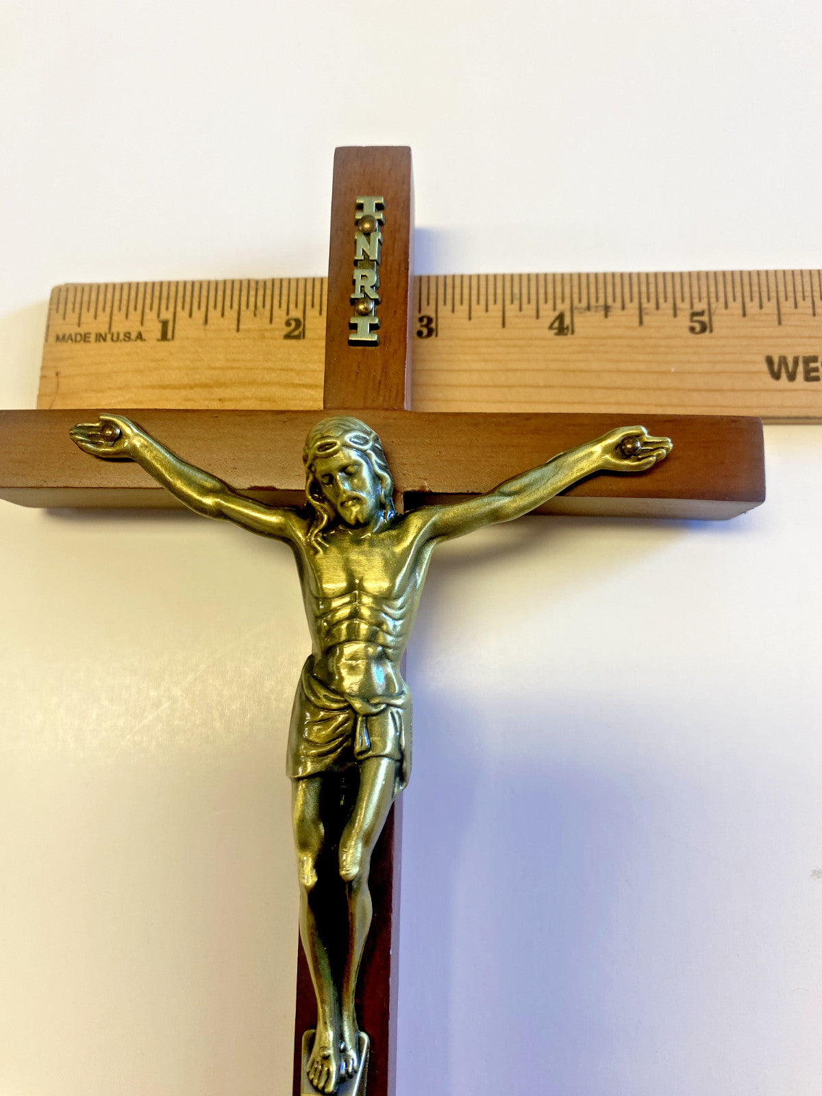 Maple wood crucifix, 10-inch Christian religious cross with detailed craftsmanship, designed by Bob and Penny Lord.