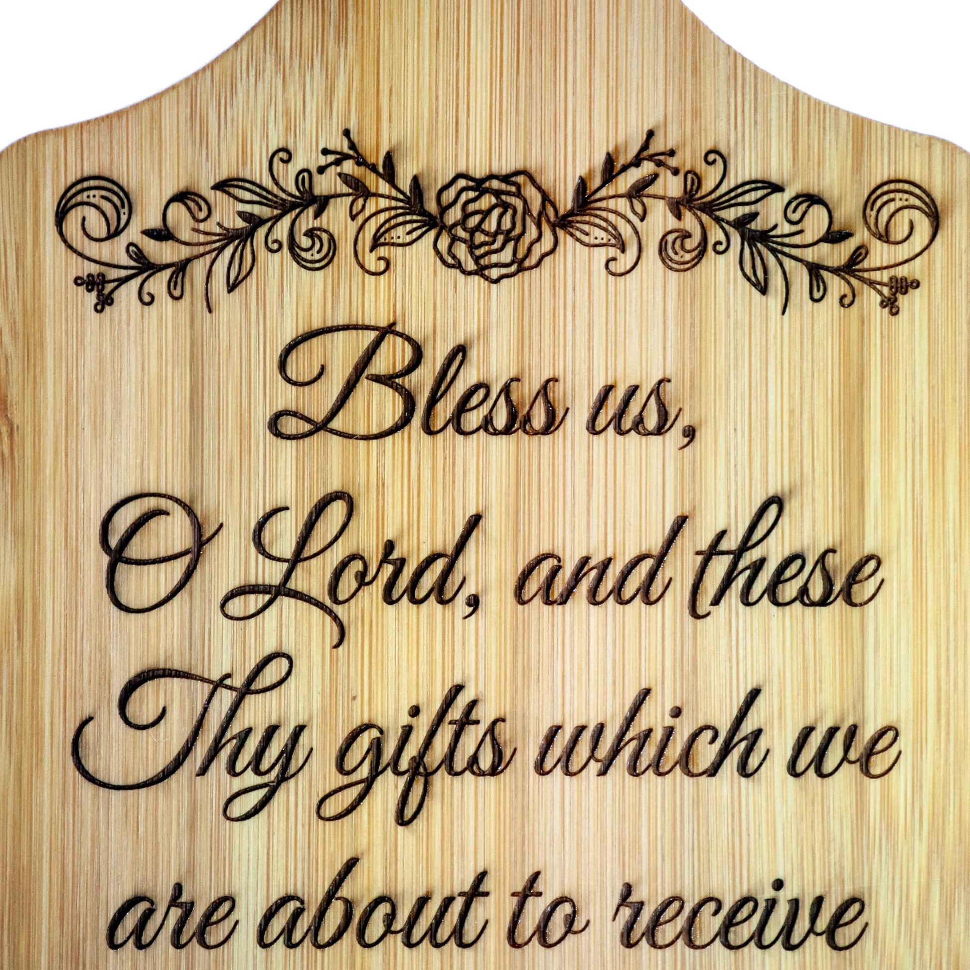 Grace Before Meals, Bless Us O Lord, Decorative Bamboo Cutting Board, 11" x 5" x 0.39" | Engraved in the USA | Catholic Living - Journeys of Faith