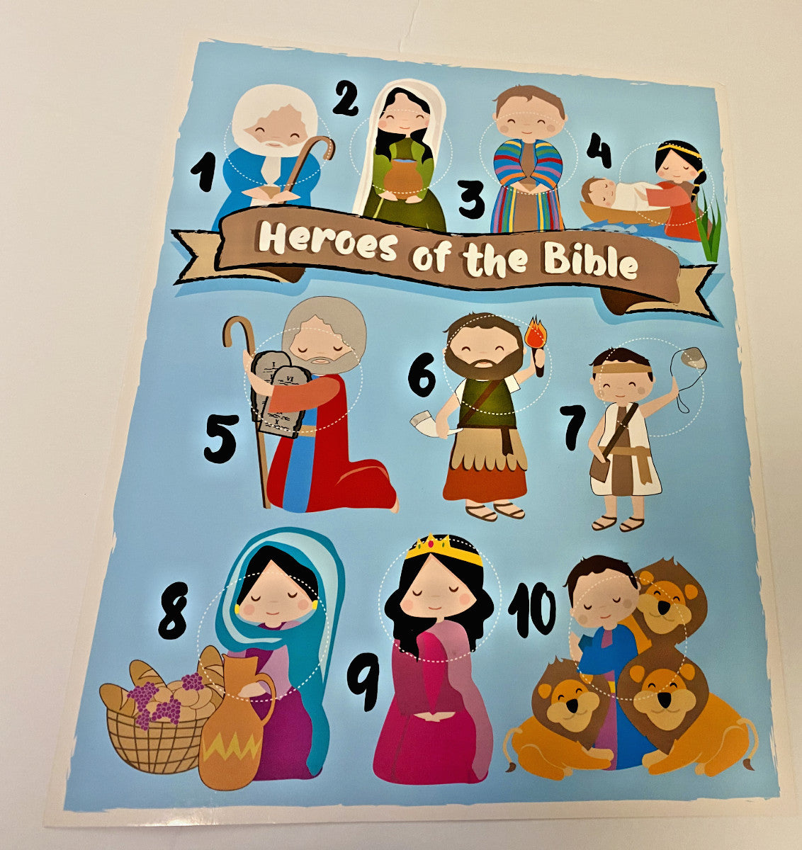 Children's Heroes of the Bible stickers from Journeys of Faith featuring colorful Christian characters and biblical scenes.