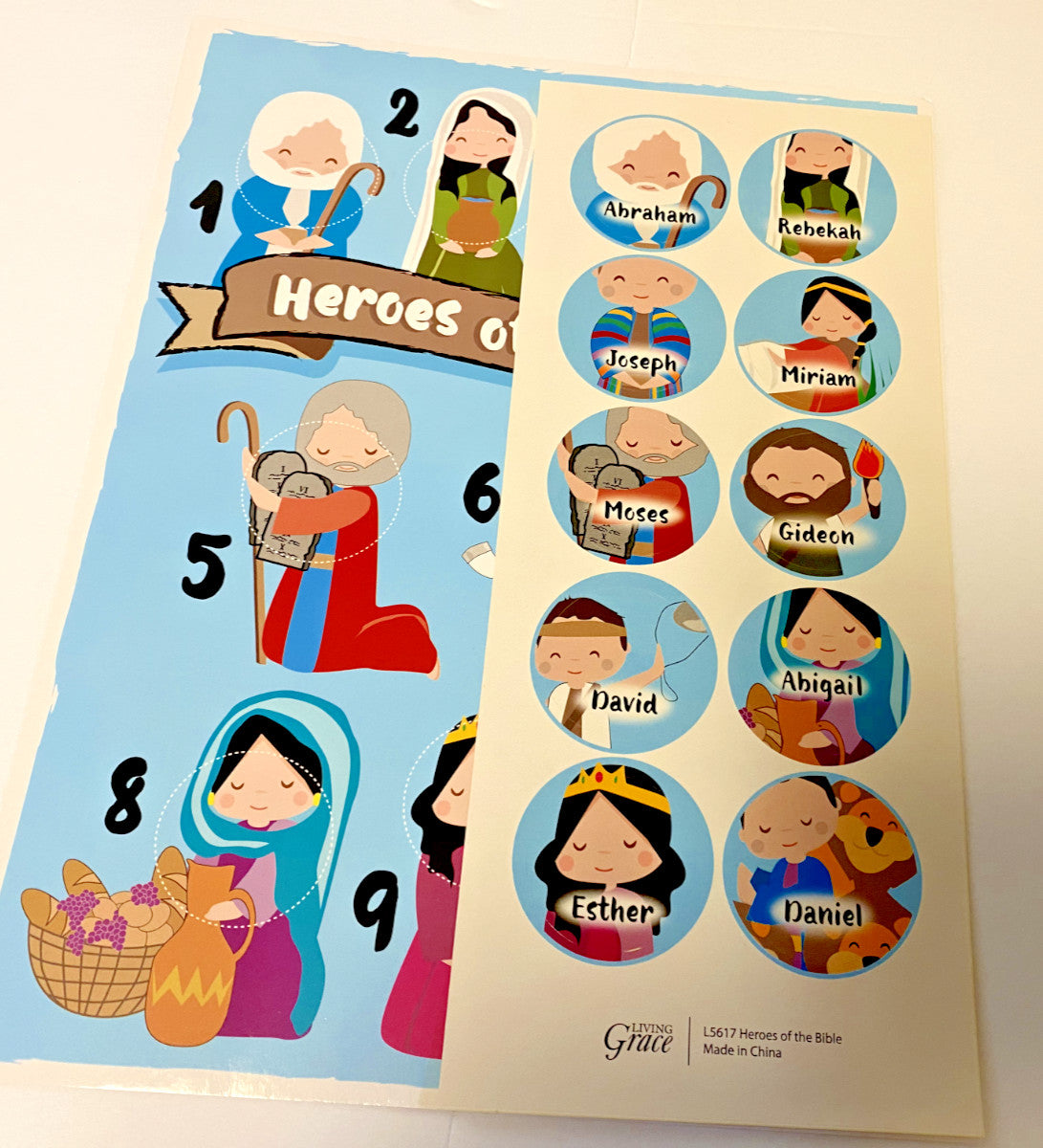 Children's Bible heroes stickers set by Journeys of Faith featuring colorful images of biblical characters and stories for kids.