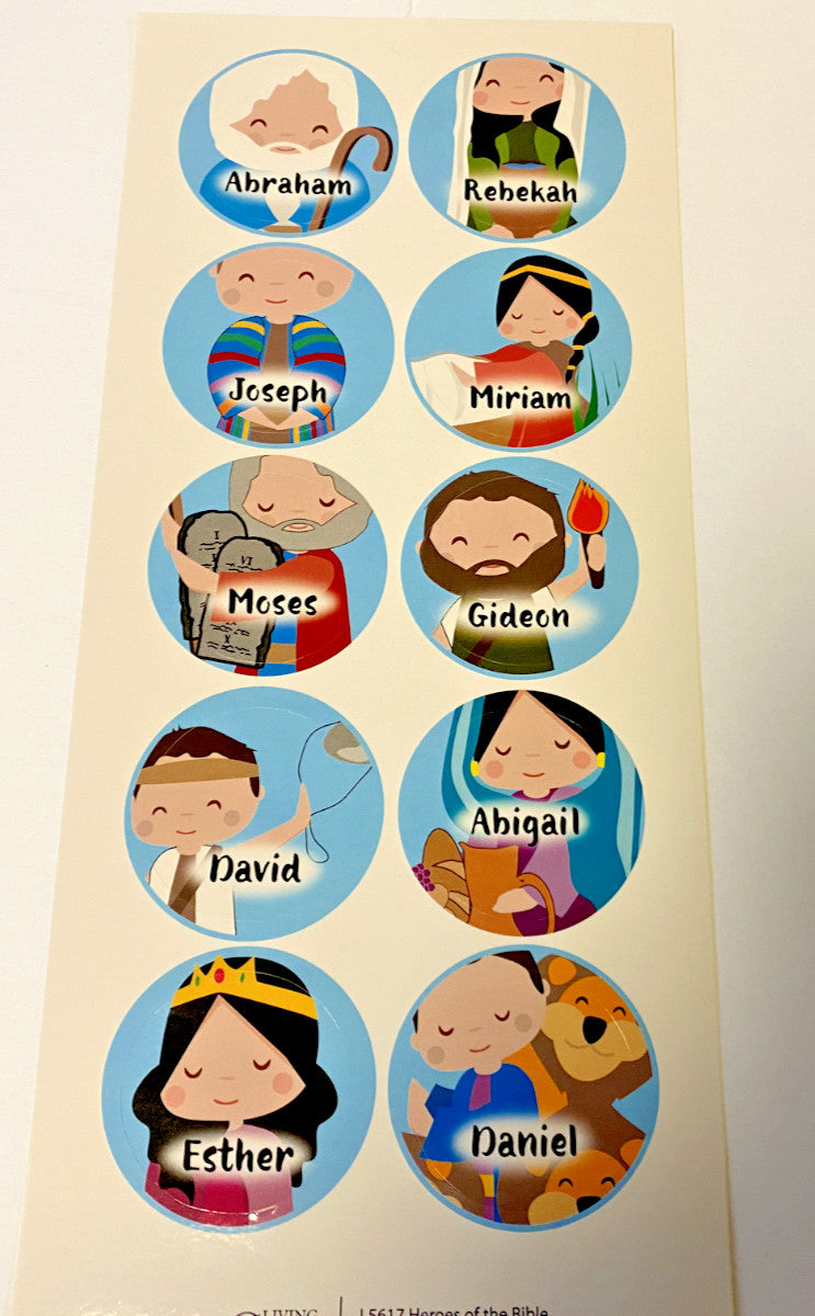 Children's Bible heroes stickers from Journeys of Faith, featuring colorful Christian characters for kids' religious activities.