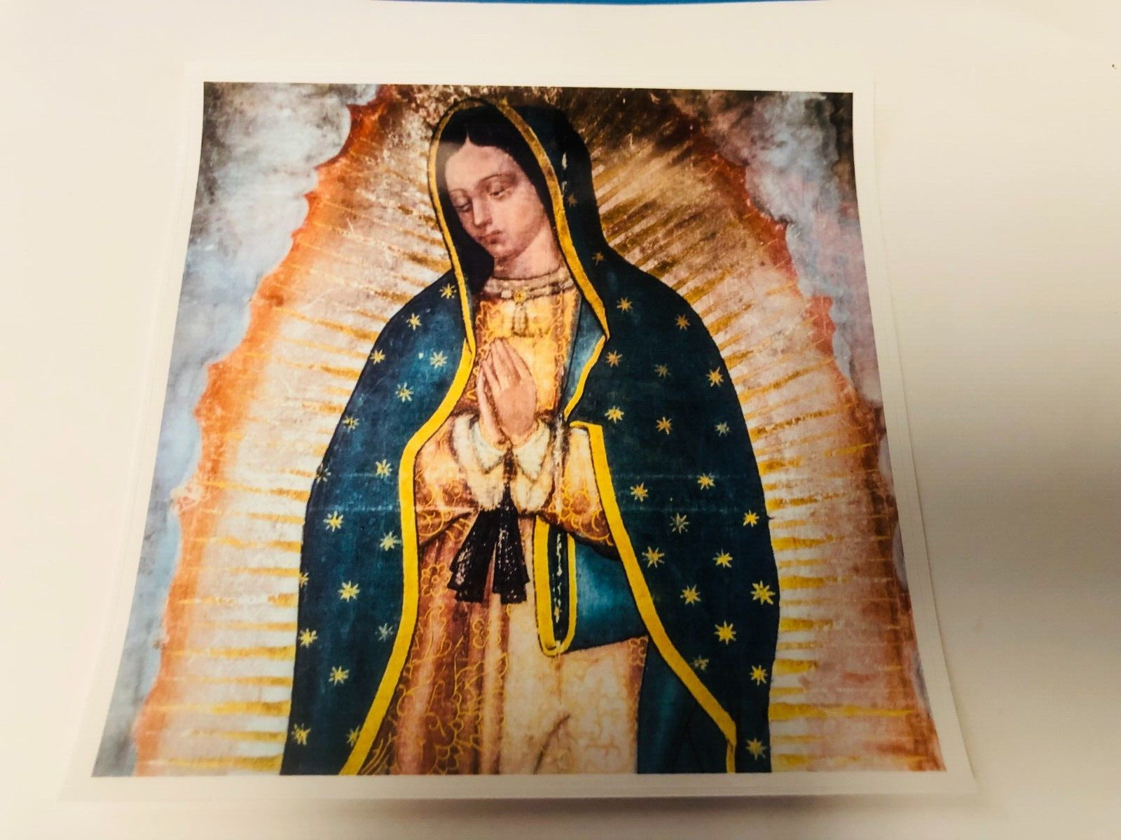 Glossy Lady of Guadalupe decal sticker, 5.75-inch square, featuring religious Christian imagery by Bob and Penny Lord.