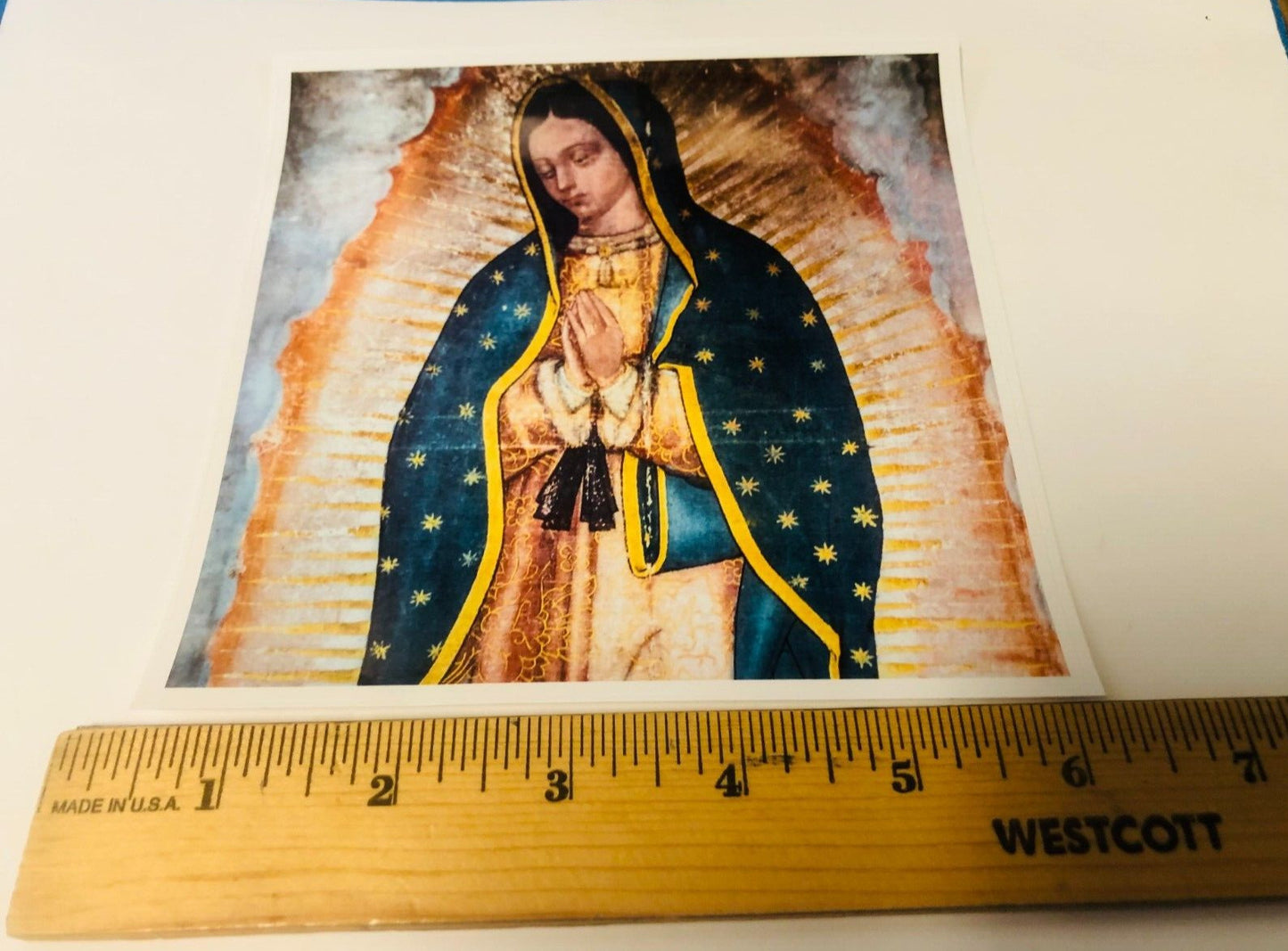 Glossy Lady of Guadalupe decal sticker, 5.75x5.75 inches, Christian religious collectible by Bob and Penny Lord.