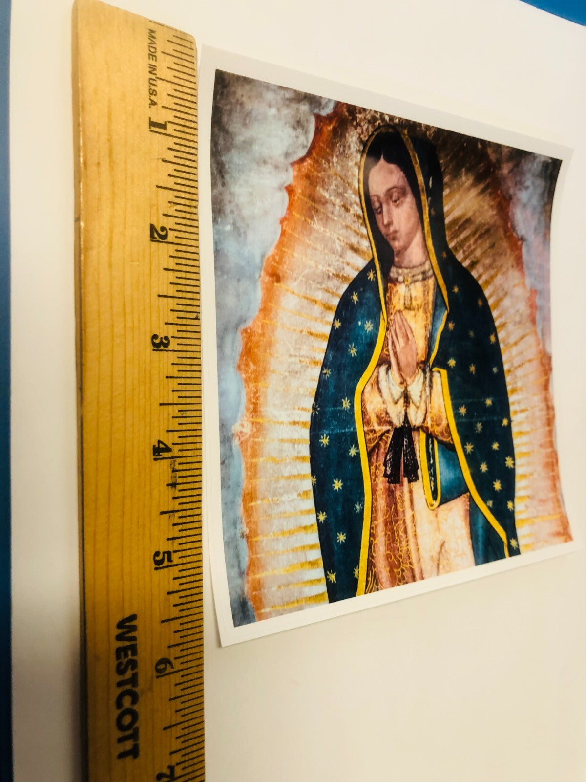 Glossy decal sticker of Our Lady of Guadalupe, 5.75-inch square, religious Christian collectible by Bob and Penny Lord.