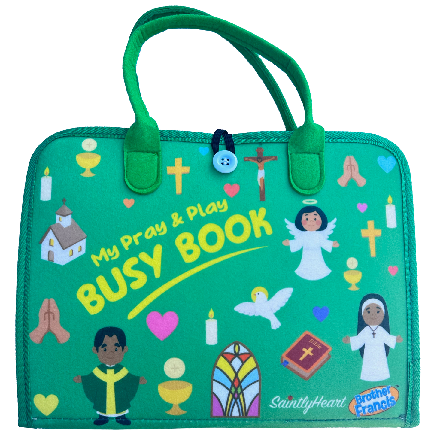 Brother Francis My Pray and Play Busy Book, a colorful felt quiet toy with Christian-themed activities and soft pages for children.