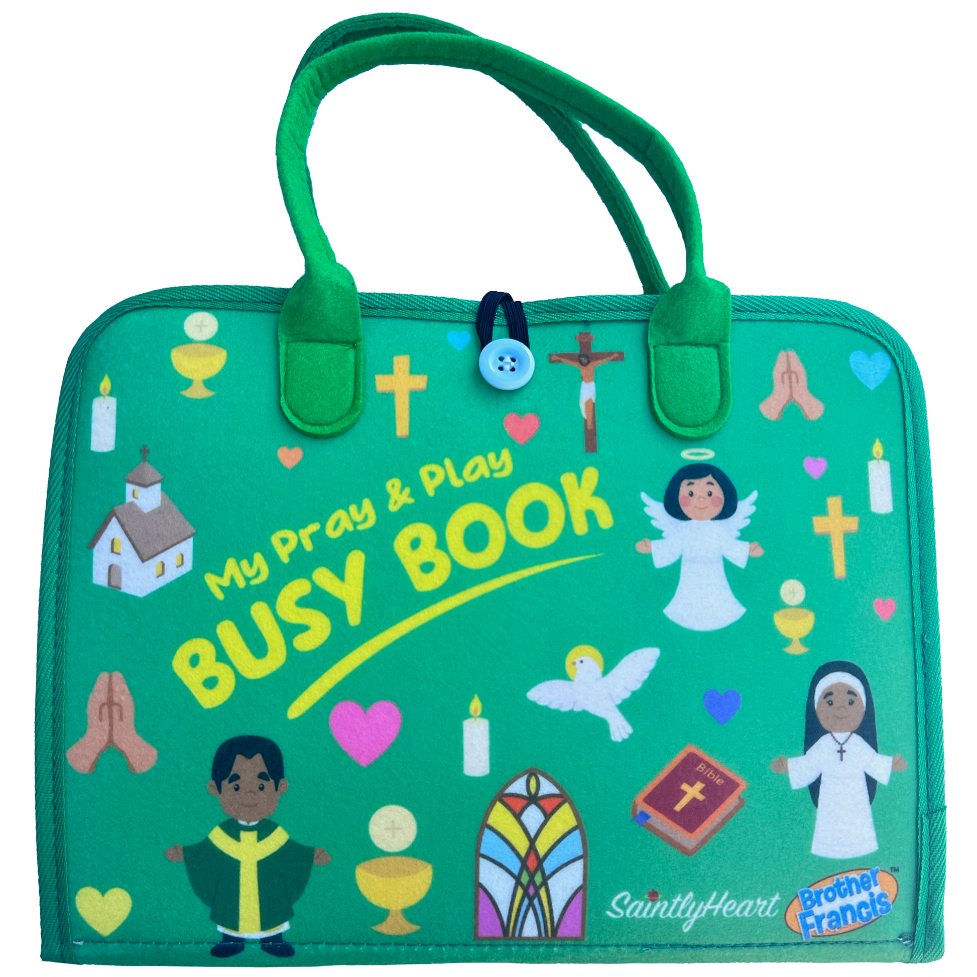 Brother Francis My Pray and Play Busy Book, a colorful felt quiet toy with Christian-themed activities and soft pages for children.