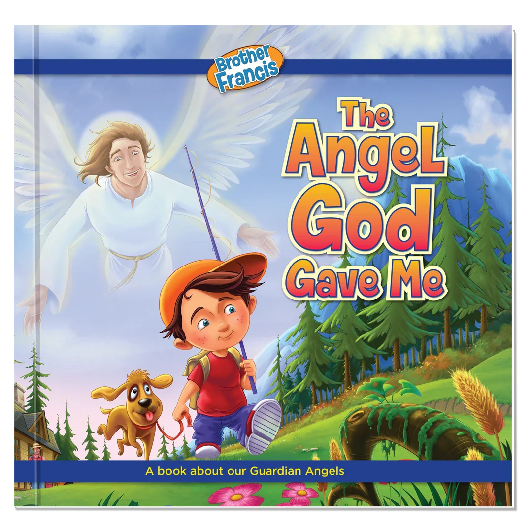 Cover of "The Angel God Gave Me" book by Brother Francis featuring an illustration of angels on a colorful background.