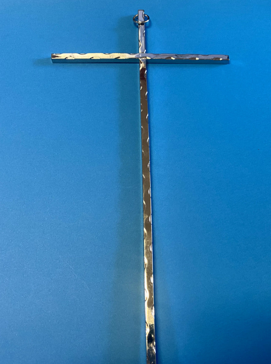 Silver tone hammered wall cross by Bob and Penny Lord, Christian religious decor for spiritual and collectible display.