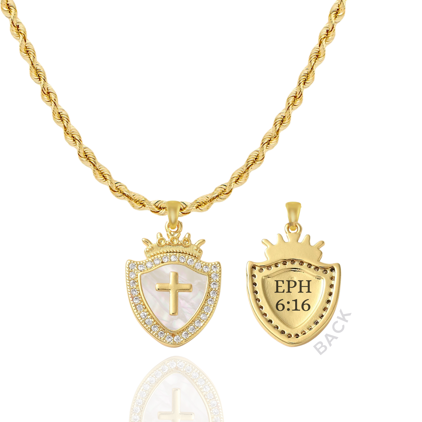 Silver Shield of Faith Necklace by AMADI Jewelry featuring a Christian cross with Ephesians 6:16 inscription.