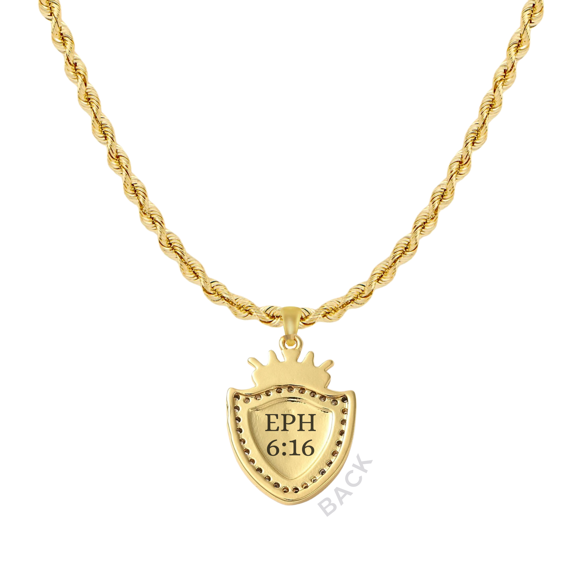 AMADI Jewelry Shield of Faith Necklace featuring a cross pendant with Ephesians 6:16 inscription on a silver chain.