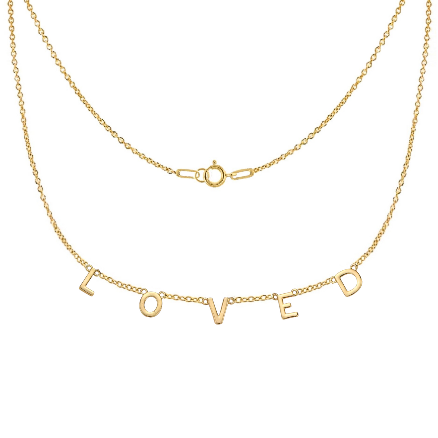 Gold-filled and sterling silver LOVED necklace by AMADI Jewelry, featuring a delicate chain and minimalist pendant.